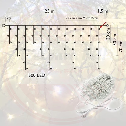 Jégcsap Fényfüzér 25m 8 Fénymód kültéri/beltéri toldható Hideg Fehér 500LED