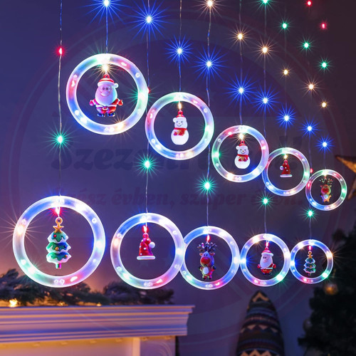 Karácsonyi Fényfüzér 10db Gyűrűs Dísszel 8 Fénymód 3M RGB Színes