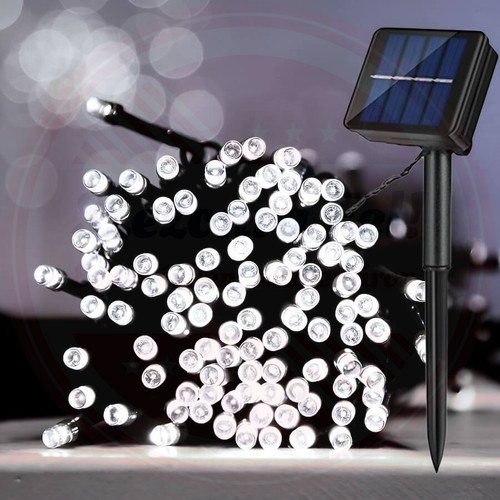 LED fényfüzér 10 m hideg fehér – 100 LED, 8 programmal, kültéri-beltéri használatra, napelemes