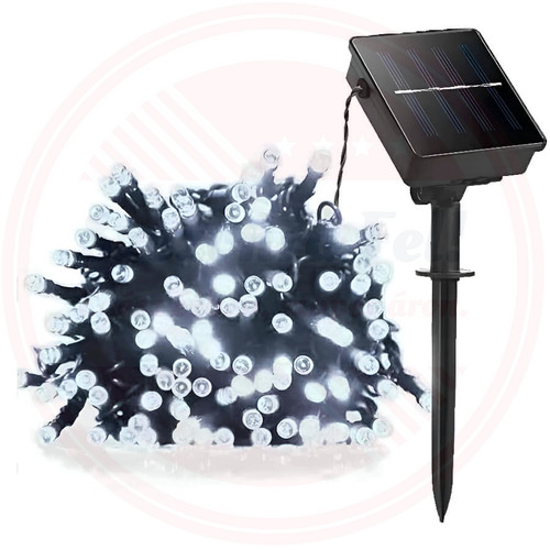 LED fényfüzér 10 m hideg fehér – 100 LED, 8 programmal, kültéri-beltéri használatra, napelemes