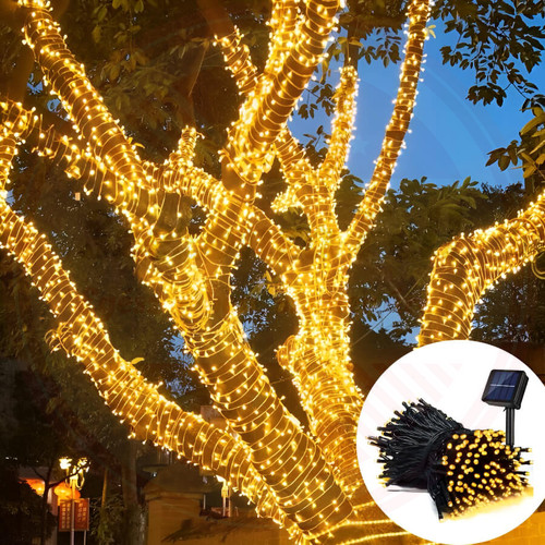 LED fényfüzér 10 m – 100 meleg fehér LED, 8 programmal, kültéri-beltéri használatra, napelemes