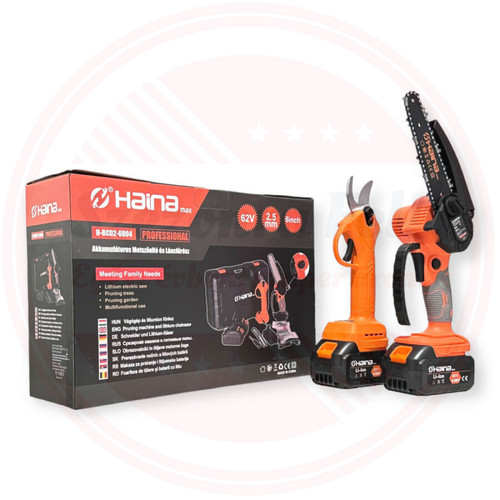 Haina Dupla Akkus Automata Olajozású Mini 6" Ágvágó Láncfűrész És Metszőolló 62V H-BCD2-6804