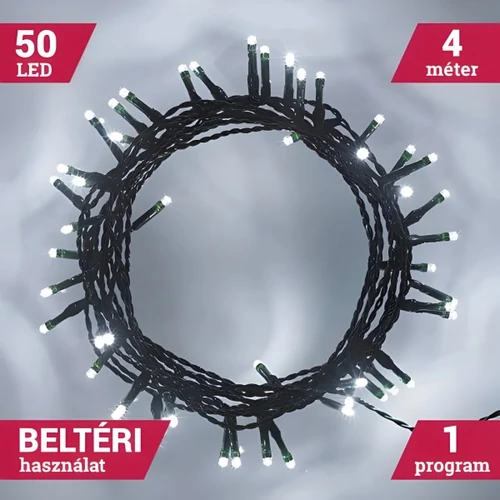 Elemes Fényfüzér 50 LED Hideg Fehér 4M Beltéri 1 program
