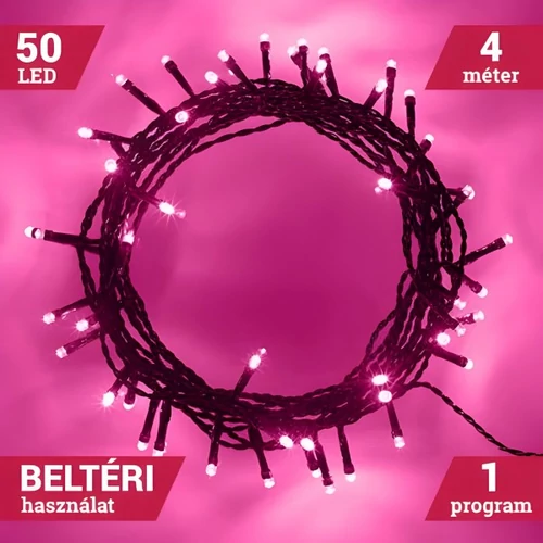 Elemes Fényfüzér 50 LED Pink 4M Beltéri 1 program