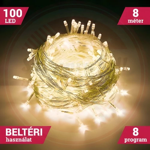 Fényfüzér 100 LED Meleg Fehér 8M Beltéri 8 program