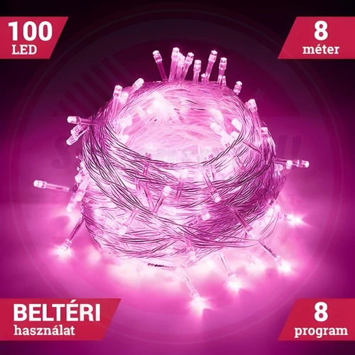 Fényfüzér 100 LED Pink 8M Beltéri 8 program