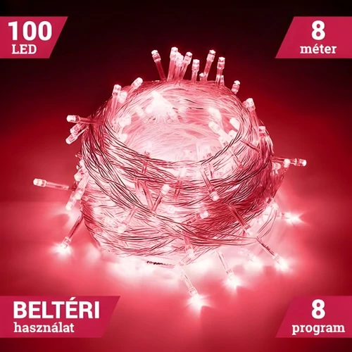 Fényfüzér 100 LED Piros 8M Beltéri 8 program