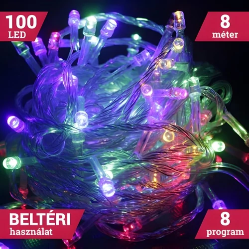 Fényfüzér 100 LED SZÍNES 8M Beltéri 8 program