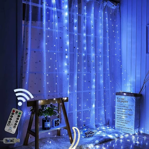 Távirányítós LED Fényfüggöny akasztóval 8 fénymód USB KÉK 3m x 2m