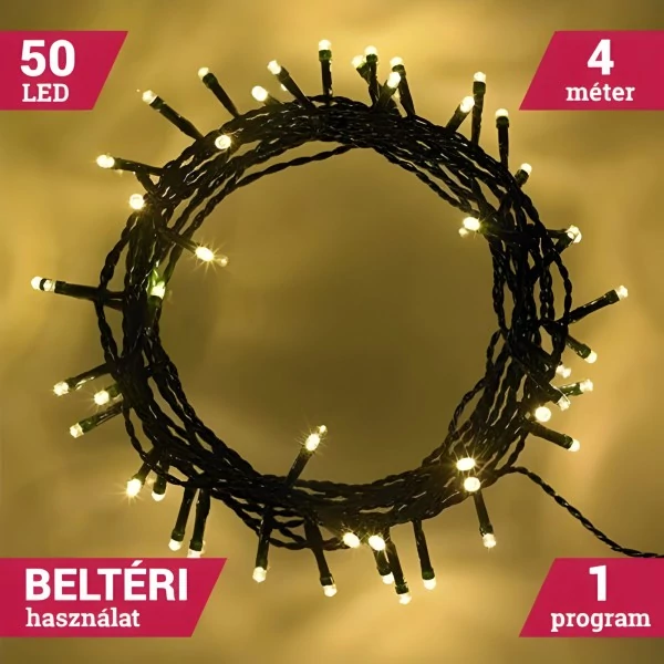 Elemes Fényfüzér 50 LED Meleg Fehér 4M Beltéri 1 program