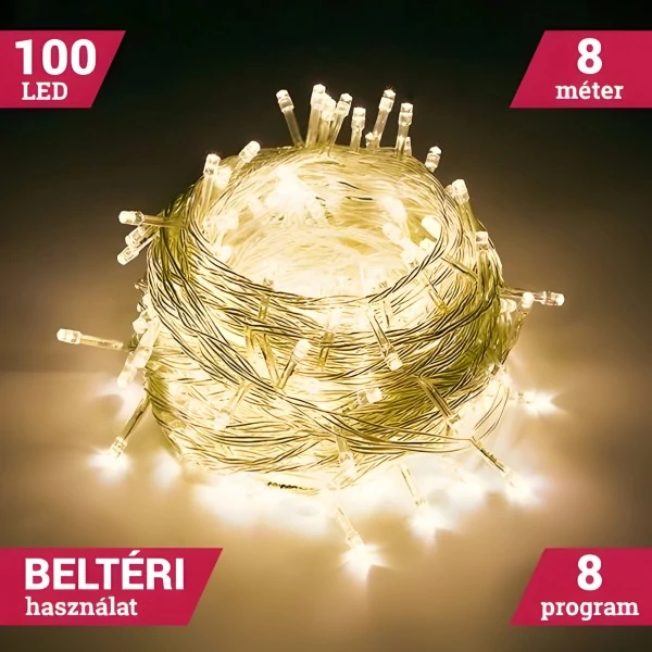 Fényfüzér Égősor 100 LED Meleg Fehér 8M Beltéri 8 program