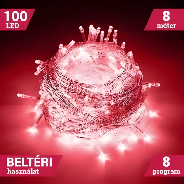 Fényfüzér Égősor 100 LED Piros 8M Beltéri 8 program